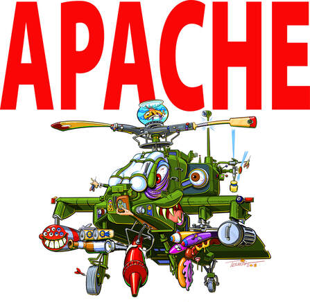Apache Helicopter Cartoon with several condiments and snacks